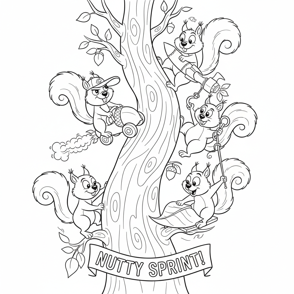 Grupa wesołych wiewiórek ścigających się na pniu drzewa, kolorowanka dla dzieci, czarne kontury, białe tło.