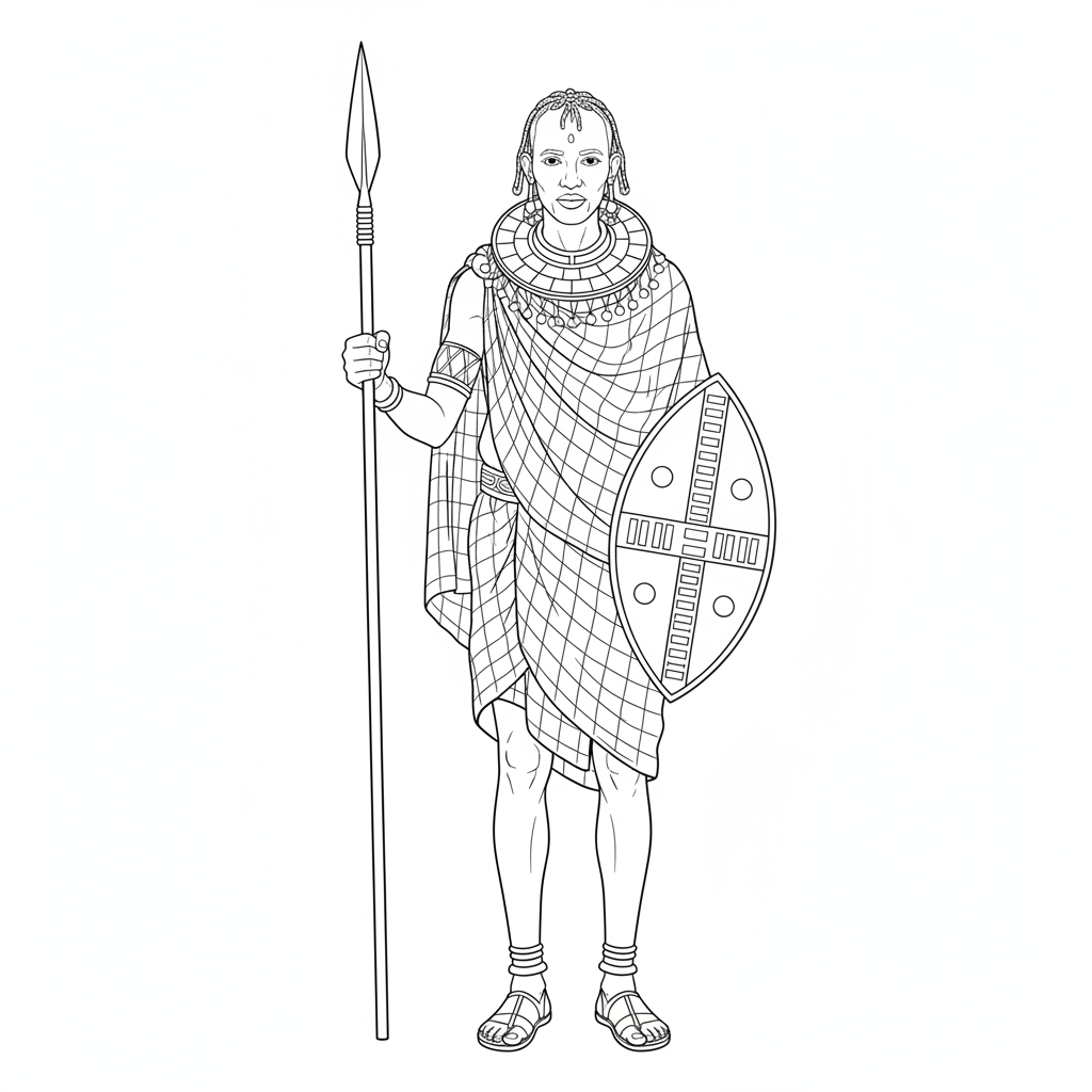 Wojownik Masajów w tradycyjnym stroju do kolorowania