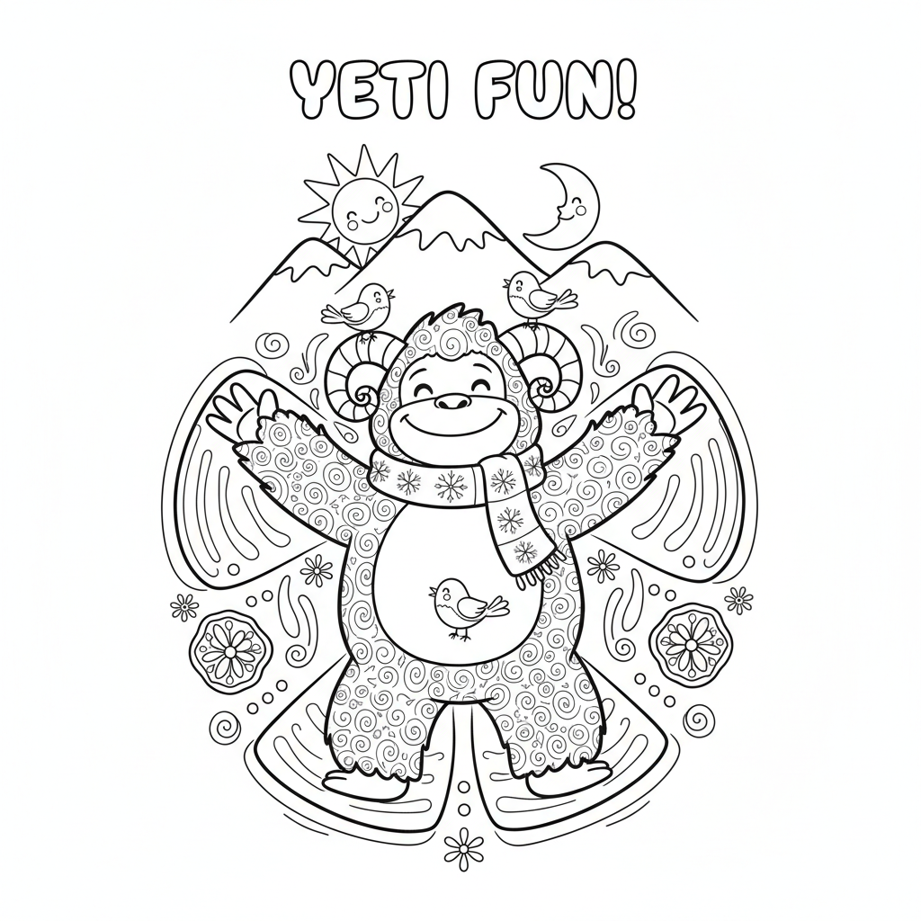 Yeti robiący aniołka na śniegu do kolorowania