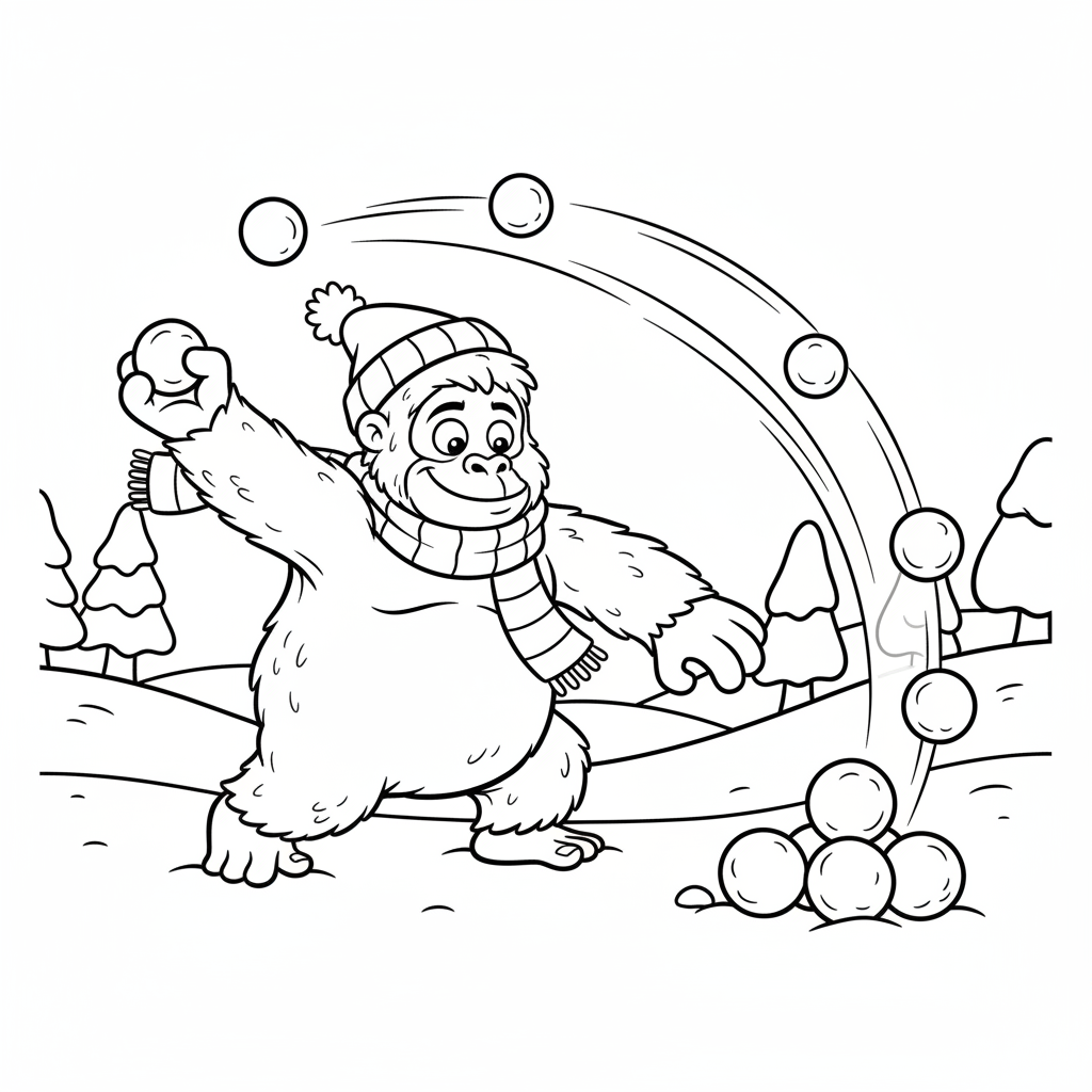 Zabawny Yeti rzucający śnieżkami, kolorowanka dla dzieci, czarne kontury, białe tło.