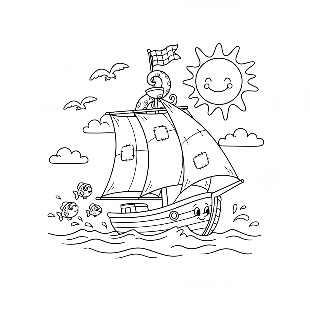 Żaglówka delikatnie płynąca po spokojnych błękitnych wodach, pod słonecznym niebem, kolorowanka dla dzieci, czarne ...