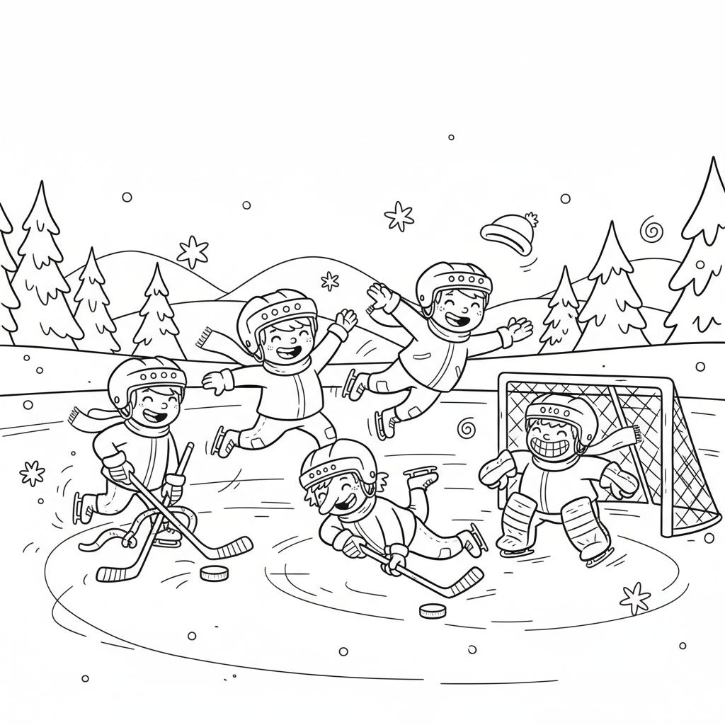 Scena zimowa z zamarzniętym jeziorem i dziećmi grającymi w hokeja, kolorowanka dla dzieci, czarne kontury, białe tło.