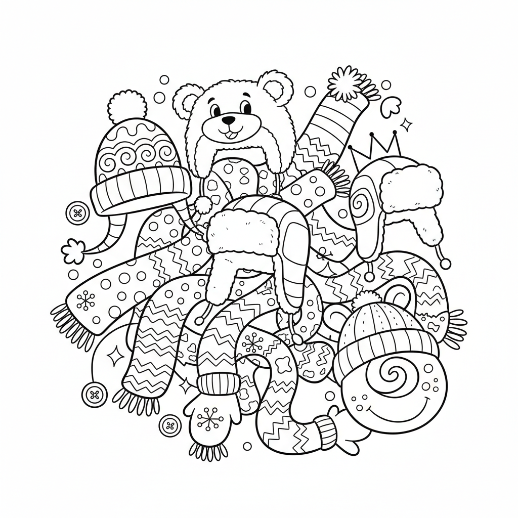 Kolekcja różnych zimowych czapek i szalików, kolorowanka dla dzieci, czarne kontury, białe tło.