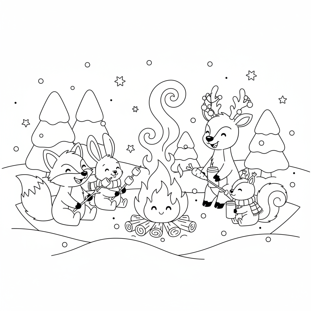 Grupa przyjaznych zwierząt (np. lis, królik, jeleń) zgromadzonych wokół ciepłego ogniska w śniegu, kolorowanka dla ...