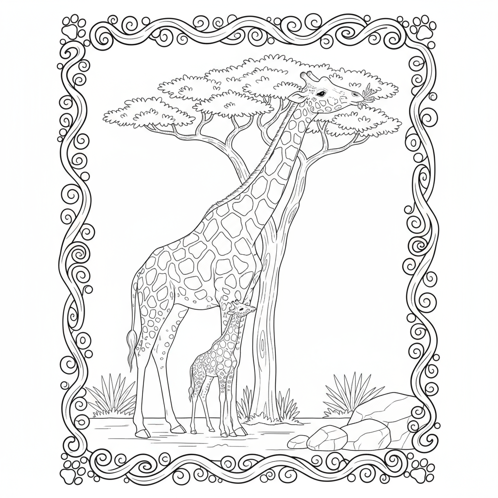 Żyrafa jedząca liście z wysokiego drzewa do kolorowania
