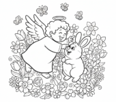 Słodki anioł bawiący się puszystym króliczkiem, otoczony wiosennymi kwiatami, kolorowanka dla dzieci, czarne kontury,...
