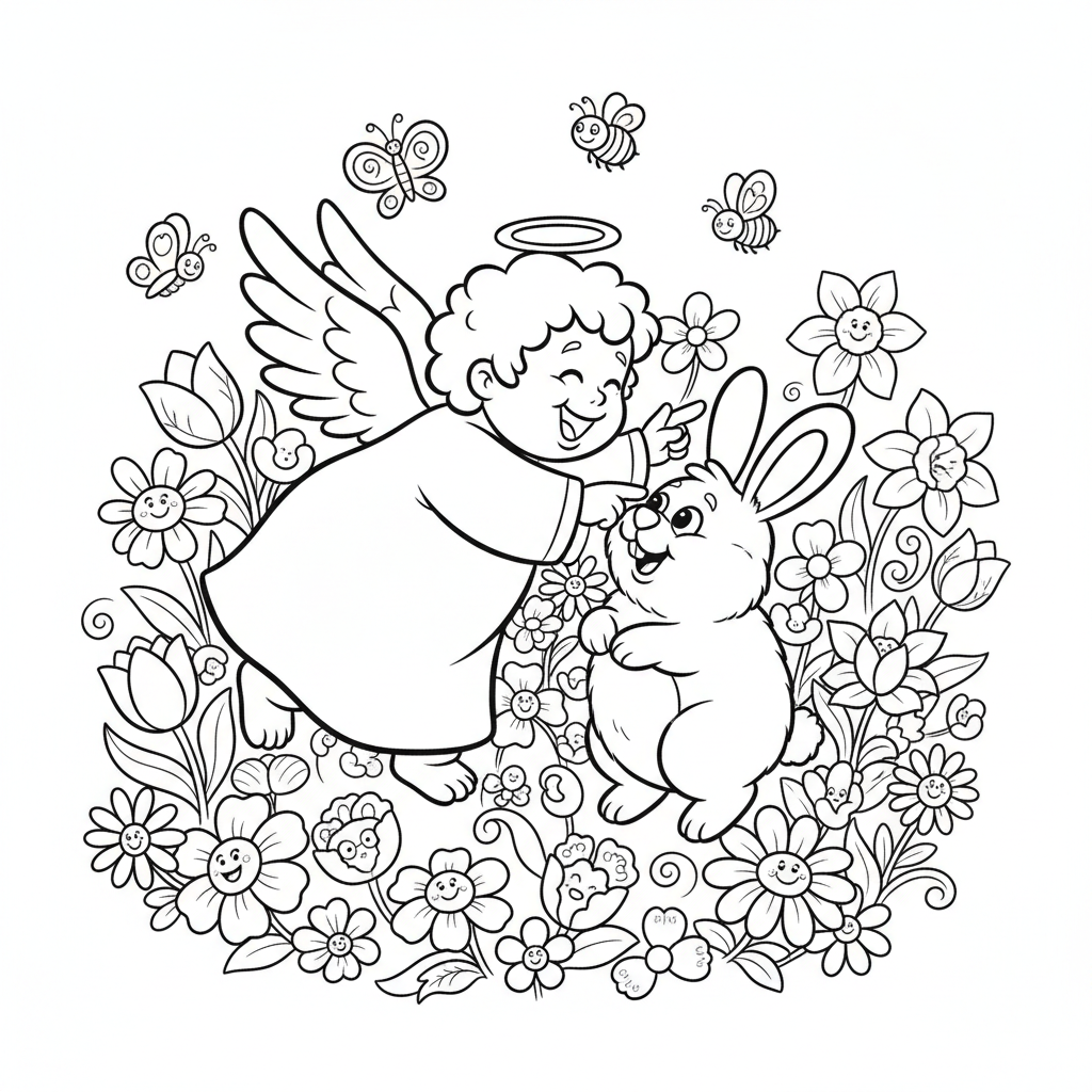 Słodki anioł bawiący się puszystym króliczkiem, otoczony wiosennymi kwiatami, kolorowanka dla dzieci, czarne kontury,...