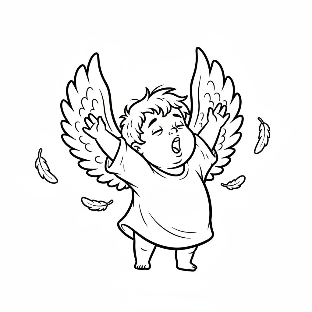 Uroczy aniołek z rozczochranymi włosami, właśnie budzący się z drzemki, rozciągający skrzydła, black outline, whi...