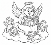 Anioł trzymający książkę, czytający historię grupie mniejszych aniołków, kolorowanka dla dzieci, czarne kontury, ...