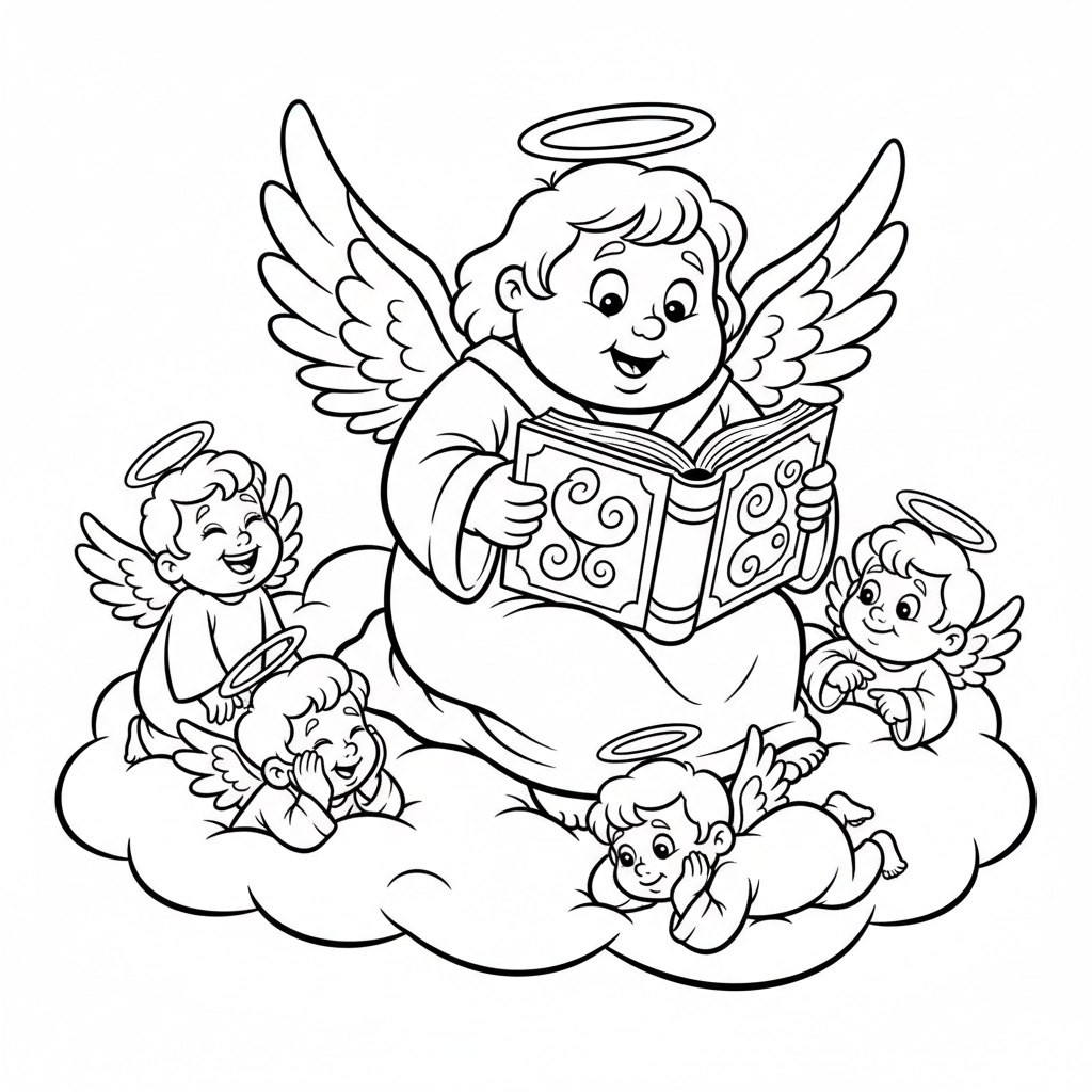 Anioł trzymający książkę, czytający historię grupie mniejszych aniołków, kolorowanka dla dzieci, czarne kontury, ...