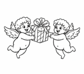 Mały aniołek dający prezent innemu aniołkowi, z wstążką i kokardą, kolorowanka dla dzieci, czarne kontury, białe ...