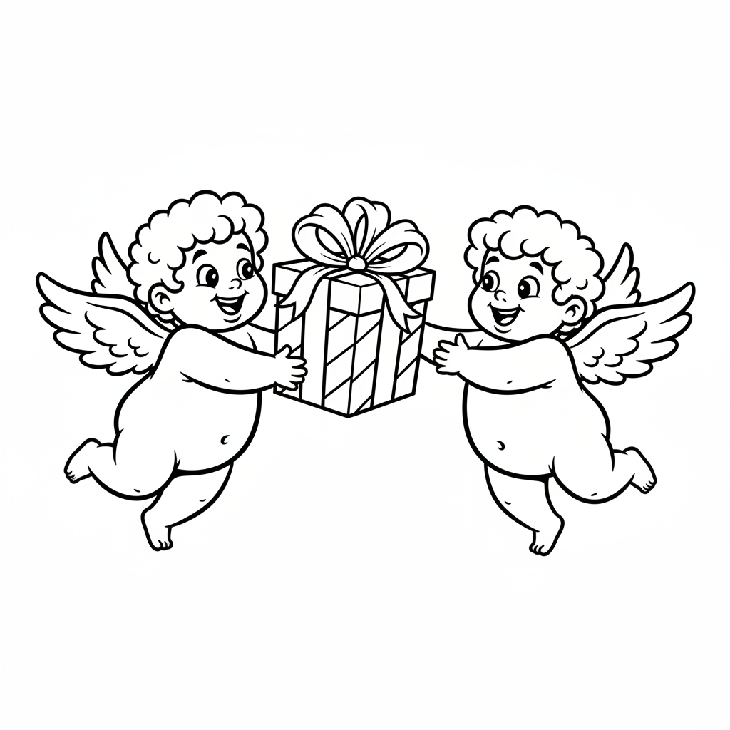Mały aniołek dający prezent innemu aniołkowi, z wstążką i kokardą, kolorowanka dla dzieci, czarne kontury, białe ...