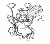 Anioł z długimi, rozwianymi włosami, siedzący z gracją na huśtawce, kolorowanka dla dzieci, czarne kontury, białe t...