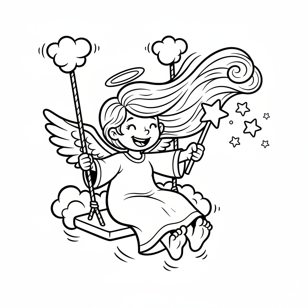 Anioł z długimi, rozwianymi włosami, siedzący z gracją na huśtawce, kolorowanka dla dzieci, czarne kontury, białe t...