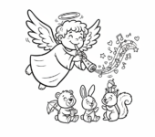 Anioł grający na flecie, z delikatną melodią wypływającą z niego, kolorowanka dla dzieci, czarne kontury, białe tło.