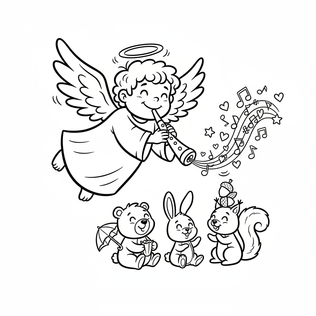 Anioł grający na flecie, z delikatną melodią wypływającą z niego, kolorowanka dla dzieci, czarne kontury, białe tło.