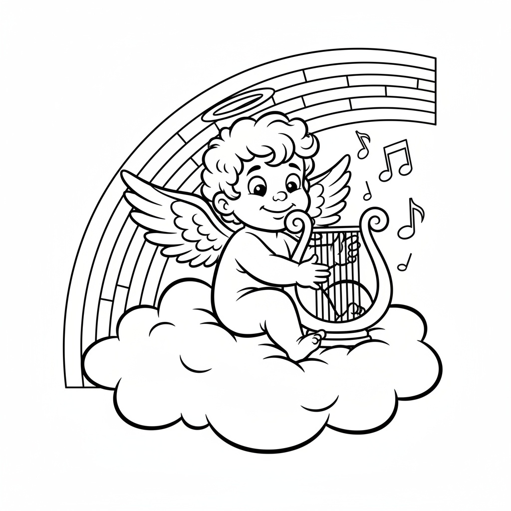 Mały aniołek grający na harfie na chmurze, z tęczą w tle, kolorowanka dla dzieci, czarne kontury, białe tło.