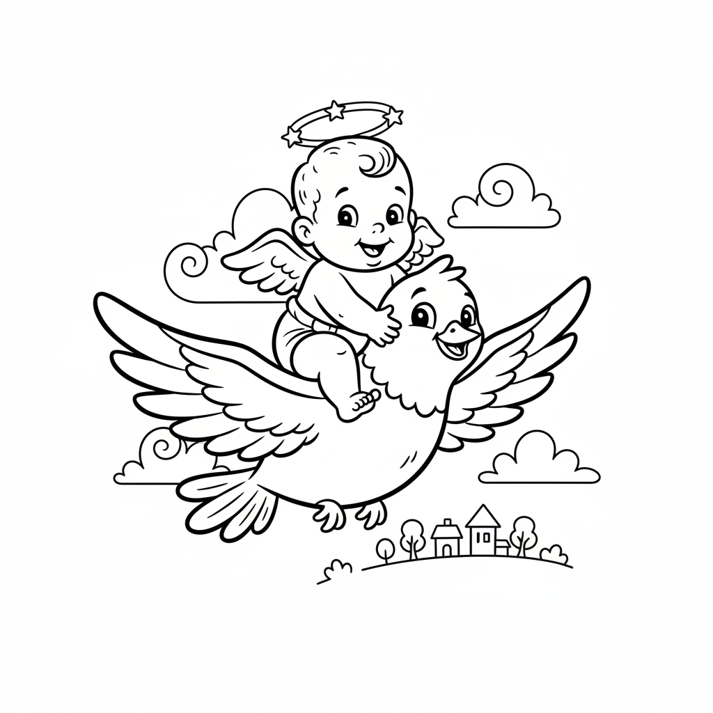 Aniołek jadący na grzbiecie przyjaznego gołębia, latający po niebie, kolorowanka dla dzieci, czarne kontury, białe t...
