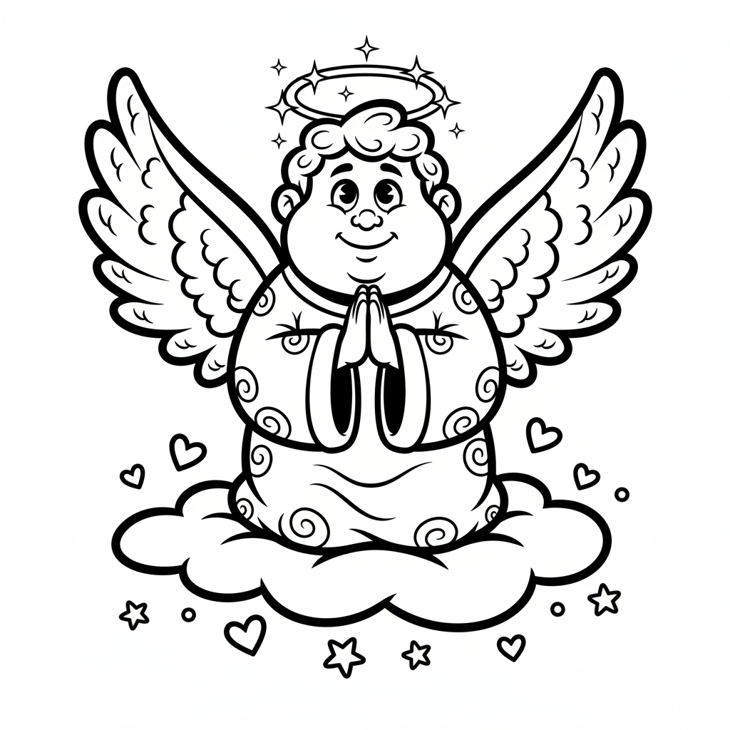 Spokojny anioł klęczący w modlitwie, z dłońmi złożonymi, kolorowanka dla dzieci, czarne kontury, białe tło.