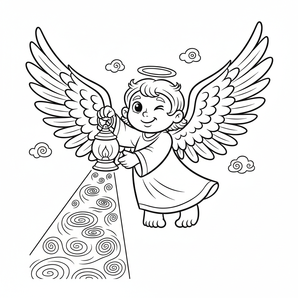 Anioł z dużymi, pierzastymi skrzydłami, trzymający świecącą latarnię, wskazujący drogę, kolorowanka dla dzieci, ...