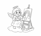 Mały aniołek malujący obraz tęczy na sztaludze, kolorowanka dla dzieci, czarne kontury, białe tło.