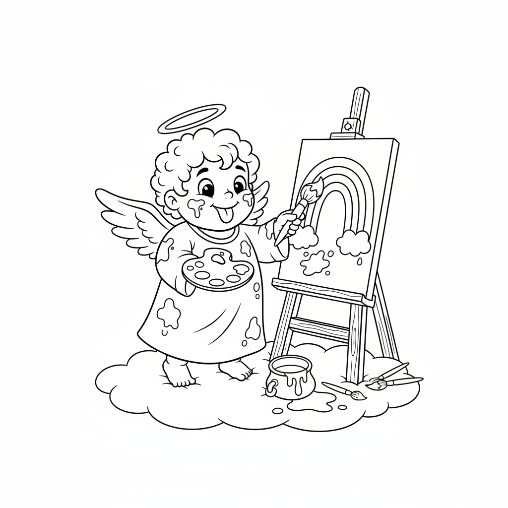 Mały aniołek malujący obraz tęczy na sztaludze, kolorowanka dla dzieci, czarne kontury, białe tło.