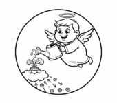 Słodki anioł podlewający malutką roślinkę w doniczce, pomagający jej rosnąć, kolorowanka dla dzieci, czarne kontu...