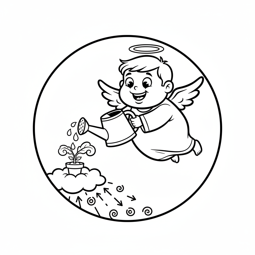 Słodki anioł podlewający malutką roślinkę w doniczce, pomagający jej rosnąć, kolorowanka dla dzieci, czarne kontu...