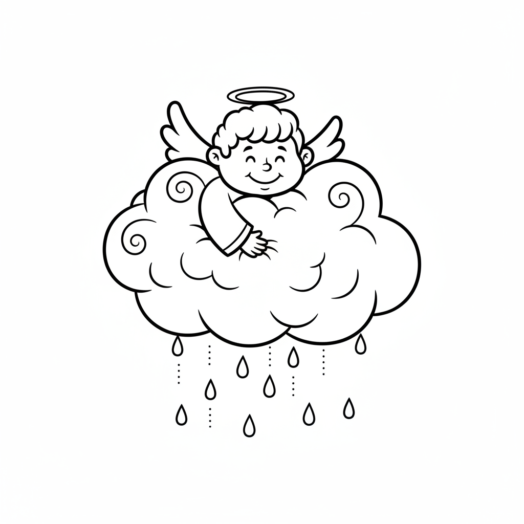 Mały aniołek przytulający puszystą chmurę, z delikatnie spadającymi kroplami deszczu, kolorowanka dla dzieci, czarne...