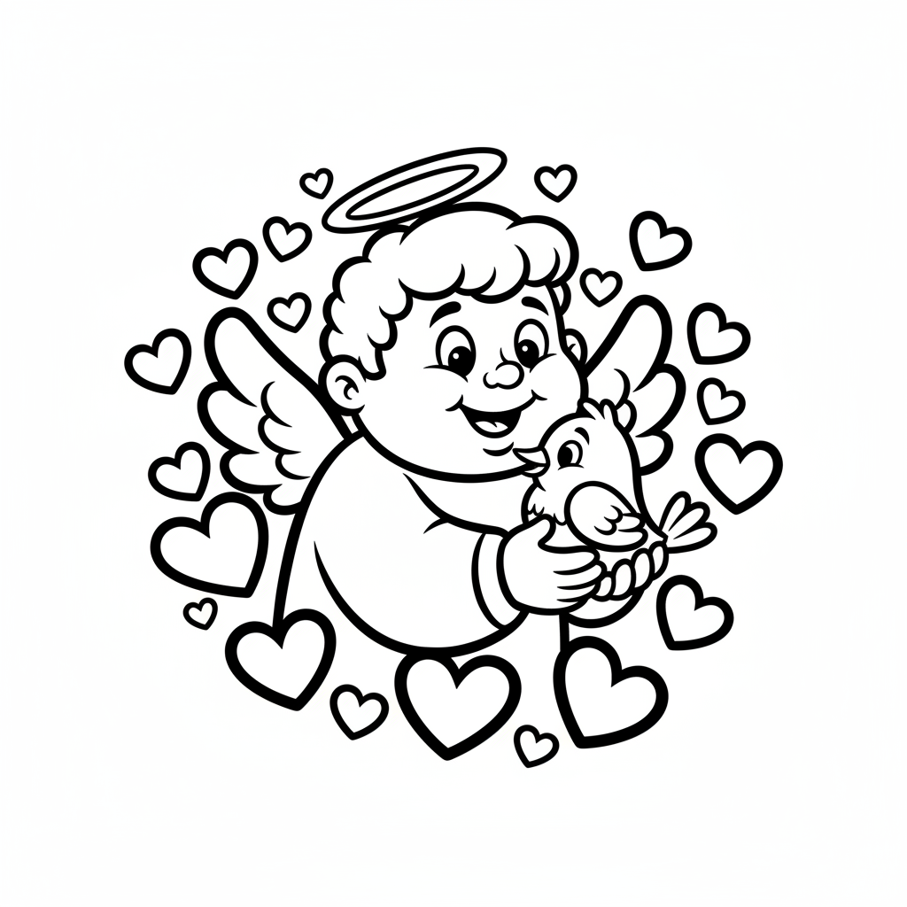 Słodki anioł trzymający małego ptaszka w dłoniach, z serduszkami miłości wokół nich, kolorowanka dla dzieci, czar...