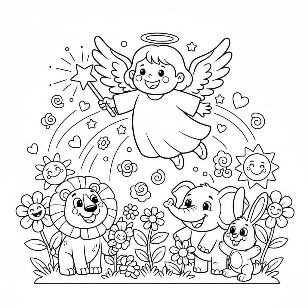 Anioł z magiczną różdżką zakończoną gwiazdką, rzucający delikatne zaklęcia, kolorowanka dla dzieci, czarne kont...