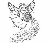 Anioł z radosnym wyrazem twarzy, rozsypujący brokat i gwiazdki z koszyka, kolorowanka dla dzieci, czarne kontury, białe...