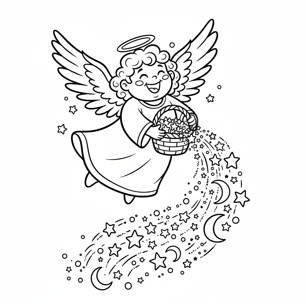 Anioł z radosnym wyrazem twarzy, rozsypujący brokat i gwiazdki z koszyka, kolorowanka dla dzieci, czarne kontury, białe...