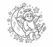 Anioł siedzący na półksiężycu, zwieszający nogi, otoczony migoczącymi gwiazdami, kolorowanka dla dzieci, czarne ko...