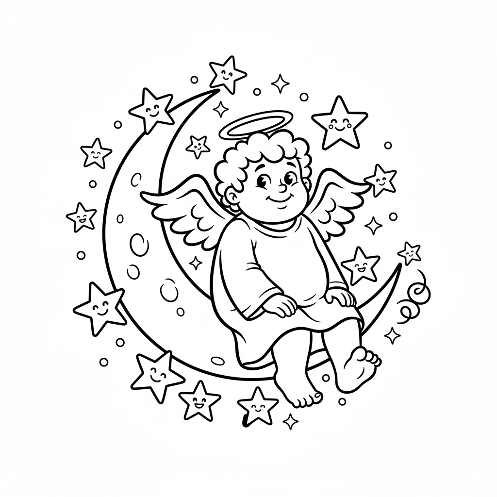 Anioł siedzący na półksiężycu, zwieszający nogi, otoczony migoczącymi gwiazdami, kolorowanka dla dzieci, czarne ko...