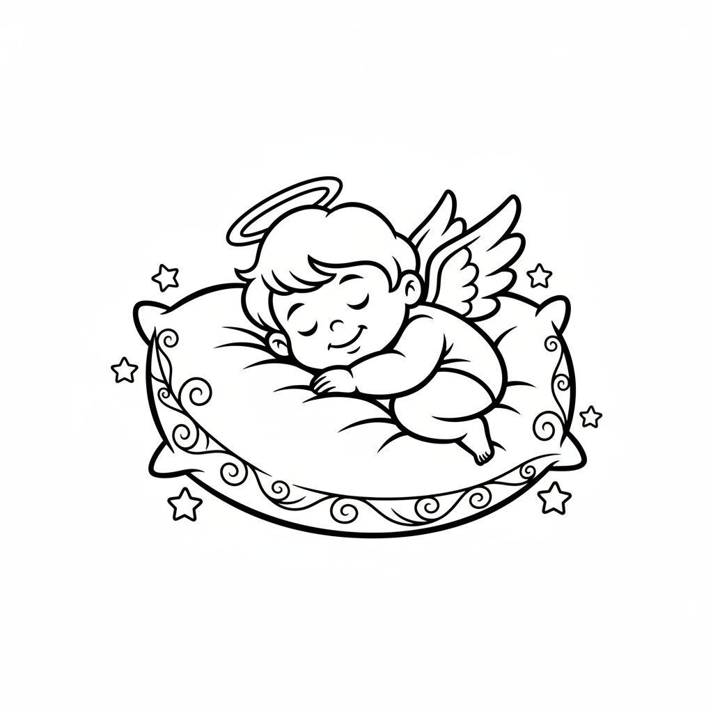 Maleńki aniołek śpiący spokojnie na miękkiej poduszce, z delikatnym uśmiechem, kolorowanka dla dzieci, czarne kontur...