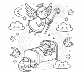 Anioł str&oacute;ż czuwający nad śpiącym dzieckiem, otoczony delikatnym blaskiem, kolorowanka dla dzieci, czarne kontury, b...