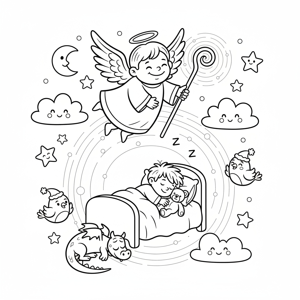 Anioł stróż czuwający nad śpiącym dzieckiem, otoczony delikatnym blaskiem, kolorowanka dla dzieci, czarne kontury, b...