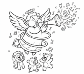 Anioł dmuchający w długą, krętą trąbkę, ogłaszający radosne wieści, kolorowanka dla dzieci, czarne kontury, bia...