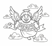 Szczęśliwy anioł lecący z transparentem z napisem "Pokój", kolorowanka dla dzieci, czarne kontury, białe tło.
