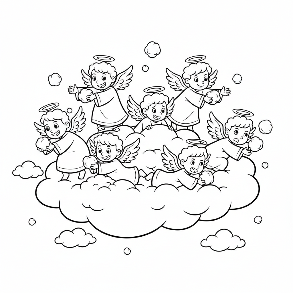 Grupa wesołych aniołów bawiących się w bitwę na śnieżki na chmurze, kolorowanka dla dzieci, czarne kontury, białe...