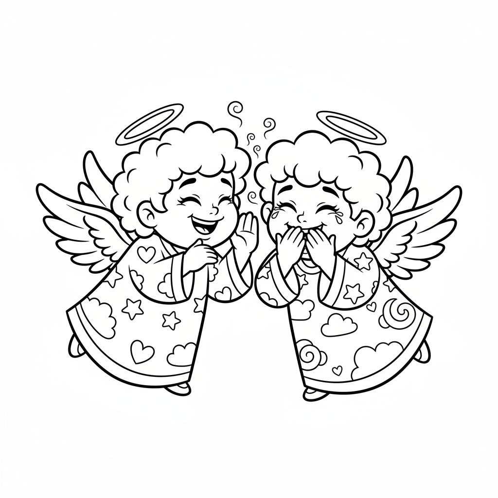 Dwóch przyjaciół aniołków dzielących się sekretem, cicho chichoczących, kolorowanka dla dzieci, czarne kontury, bi...