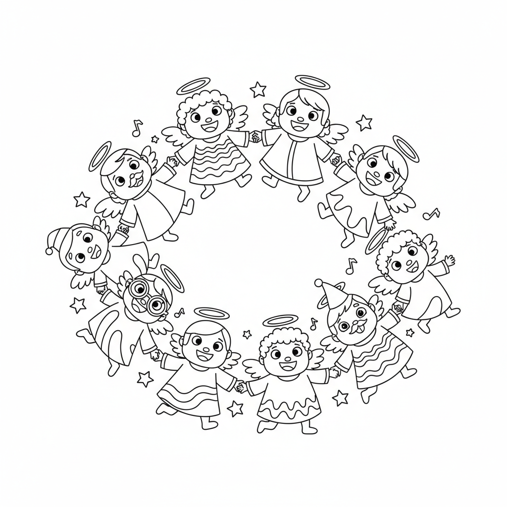 Grupa aniołów trzymających się za ręce i tworzących krąg, symbolizująca harmonię, kolorowanka dla dzieci, czarne ...