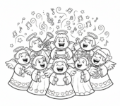 Ch&oacute;r anioł&oacute;w śpiewających kolędy, z nutami muzycznymi unoszącymi się wok&oacute;ł nich, kolorowanka dla dzieci, czarne ...