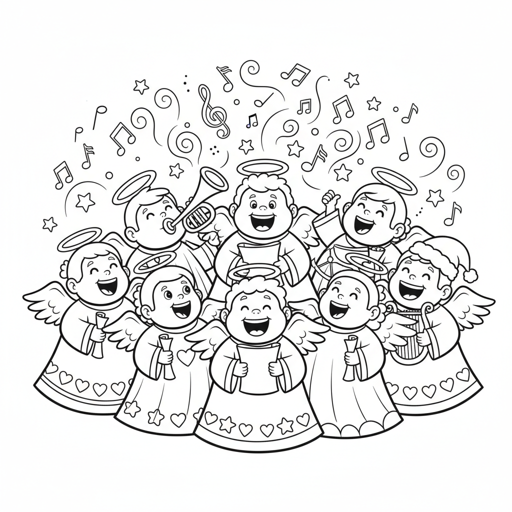 Chór aniołów śpiewających kolędy, z nutami muzycznymi unoszącymi się wokół nich, kolorowanka dla dzieci, czarne ...