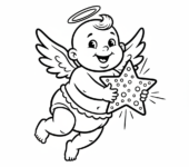 Uroczy aniołek latający z malutkimi skrzydełkami, trzymający błyszczącą gwiazdkę, kolorowanka dla dzieci, czarne k...