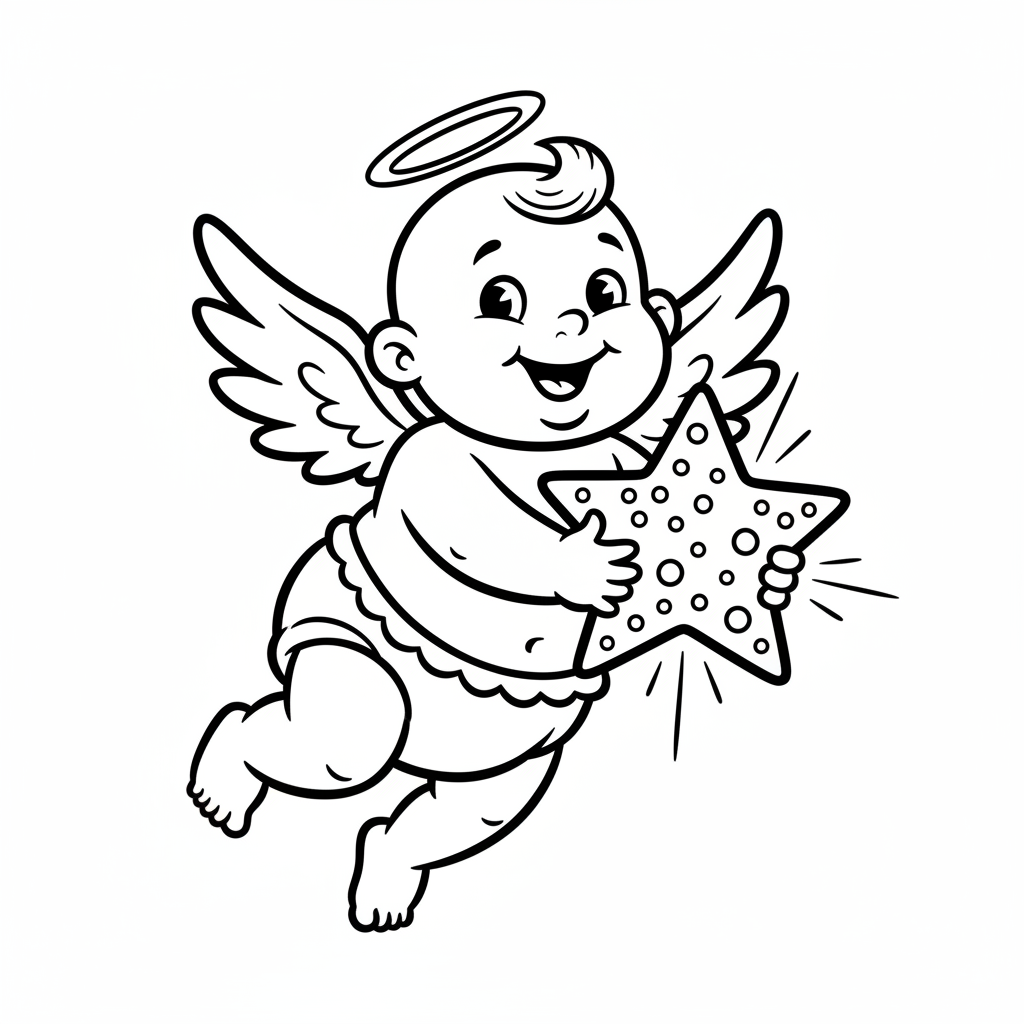 Uroczy aniołek latający z malutkimi skrzydełkami, trzymający błyszczącą gwiazdkę, kolorowanka dla dzieci, czarne k...