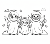 Rodzina aniołów (matka, ojciec, dziecko) trzymająca się za ręce, uśmiechająca się serdecznie, kolorowanka dla dzie...