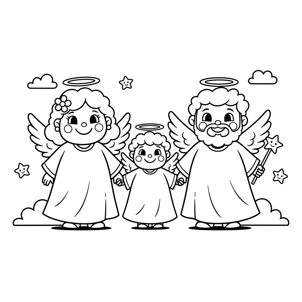 Rodzina aniołów (matka, ojciec, dziecko) trzymająca się za ręce, uśmiechająca się serdecznie, kolorowanka dla dzie...