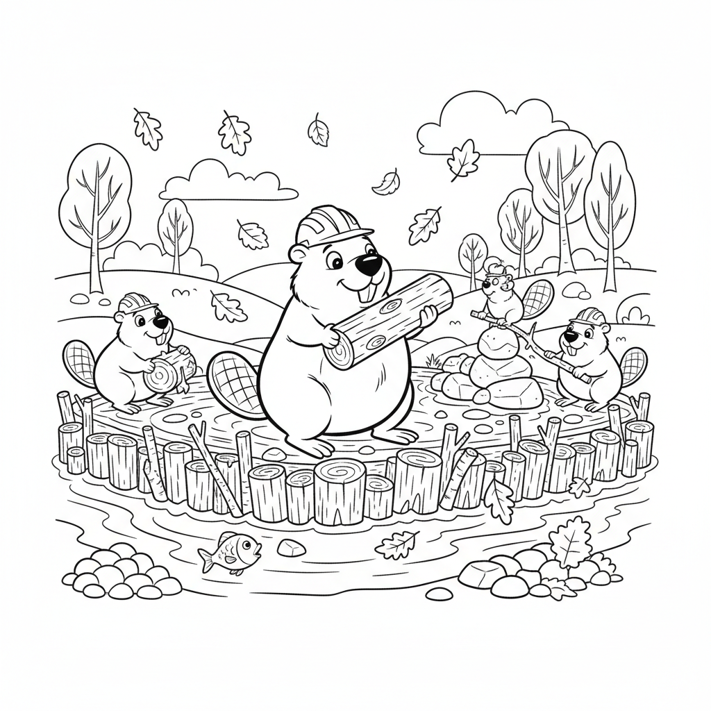 Zajęty bóbr budujący tamę w jesiennej rzece, kolorowanka dla dzieci, czarne kontury, białe tło.